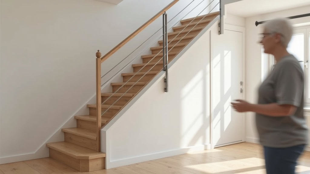 Monte-escalier droit installé dans un escalier de maison à Marly-la-Ville, vu de côté, avec une personne âgée qui l