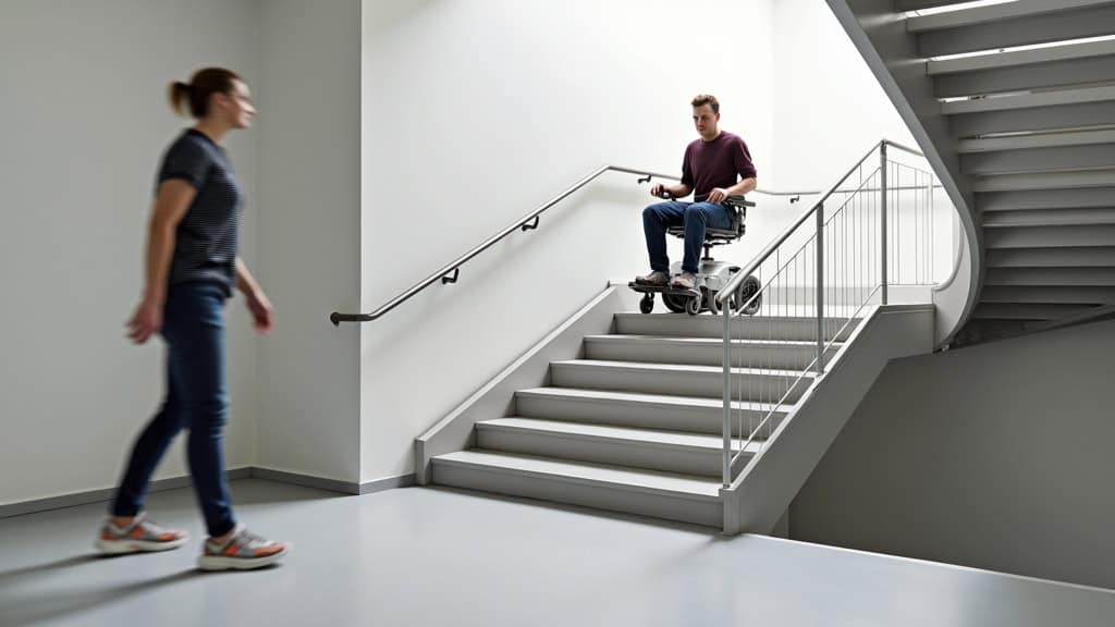 Plateforme élévatrice pour fauteuil roulant installée dans un escalier tournant à Marly-la-Ville, avec un fauteuil roulant sur la plateforme et un utilisateur en sécurité
