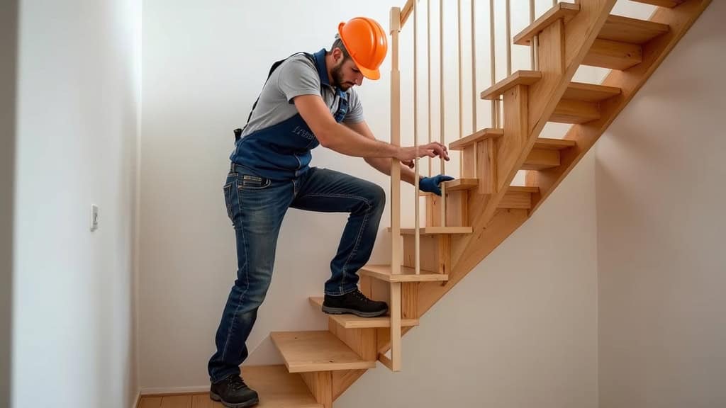 Technicien installant un monte-escalier sur un escalier en bois à Marmoutier, en 2025