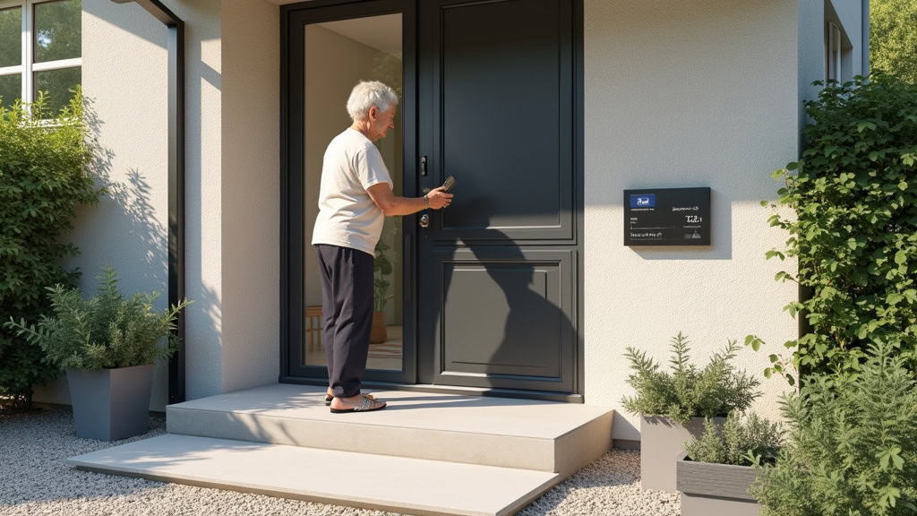 Monte-escalier extérieur résistant aux intempéries installé sur une entrée de maison en pierre à Marpent, avec une personne âgée utilisant la télécommande
