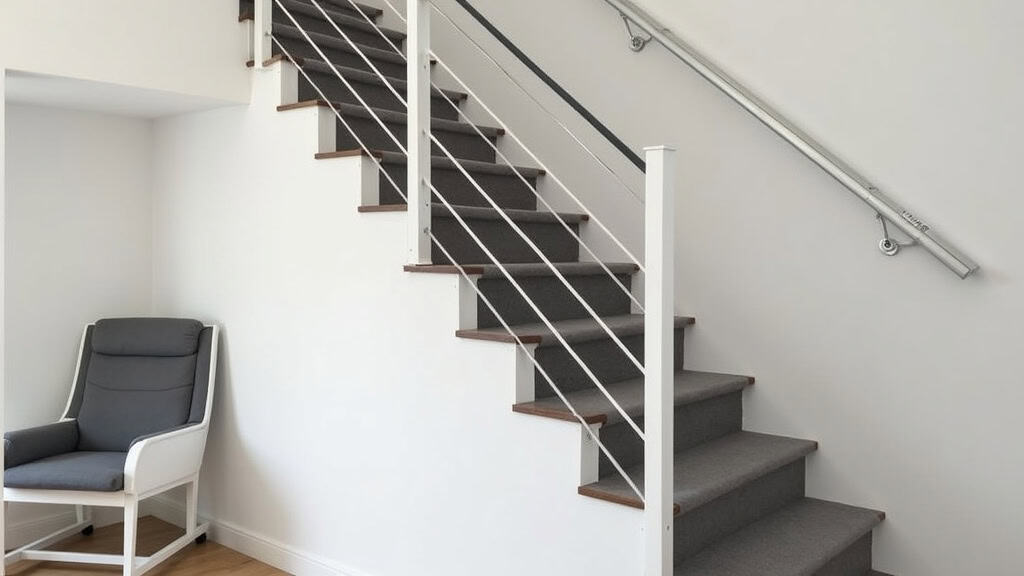 Monte-escalier installé sur un escalier tournant à Martres-Tolosane avec rails discrets et siège en tissu gris clair