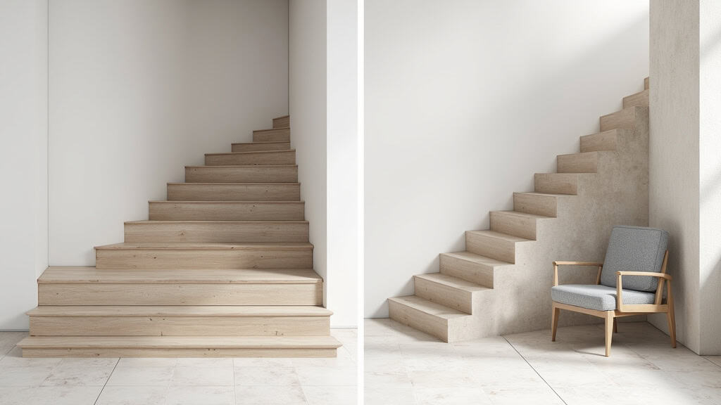 Vue avant-après : escalier sans monte-escalier à gauche, avec fauteuil discret à droite, à Martres-Tolosane