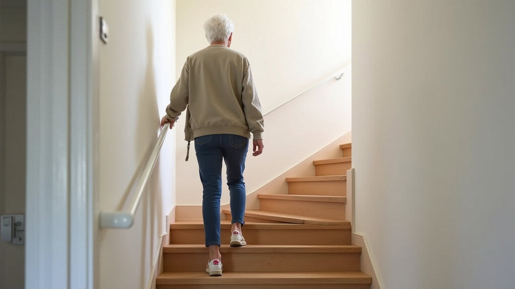 Personne âgée utilisant un monte-escalier avec calme et confiance, en train de monter les marches dans sa maison à Matignon