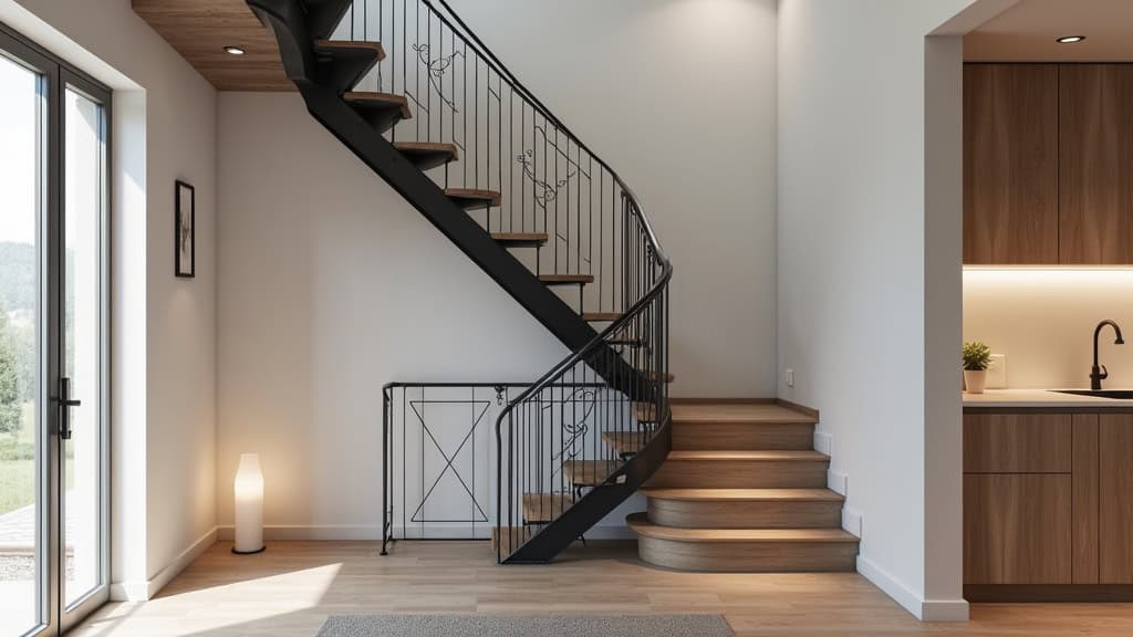 Monte-escalier droit en aluminium noir, intégré à un escalier en bois clair dans une maison à Matour, avec tapis et lampe d