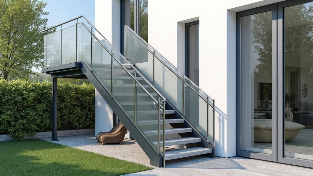 Monte-escalier extérieur en aluminium avec couvercle anti-pluie installé sur un escalier menant à l