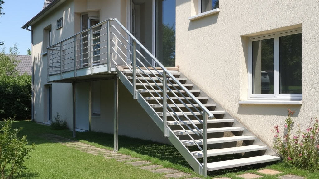 Monte-escalier extérieur en aluminium installé sur un accès en pierre à l’arrière d’une maison à Mauléon-Licharre