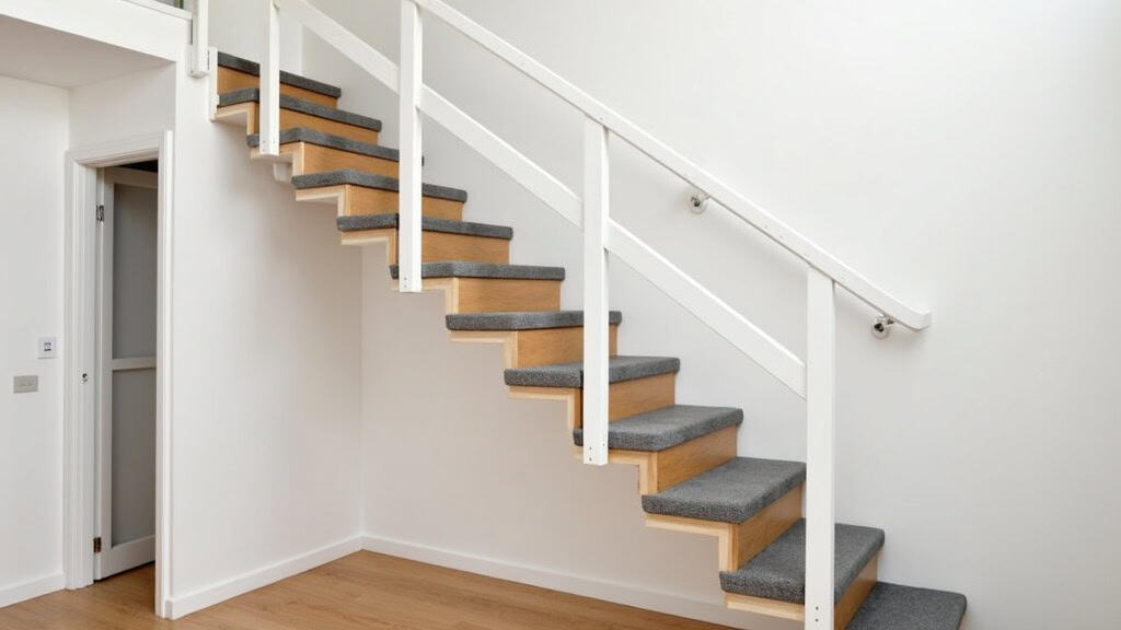 Monte-escalier à fauteuil installé sur un escalier droit en bois à Maulévrier-Sainte-Gertrude, avec rail blanc et siège gris foncé
