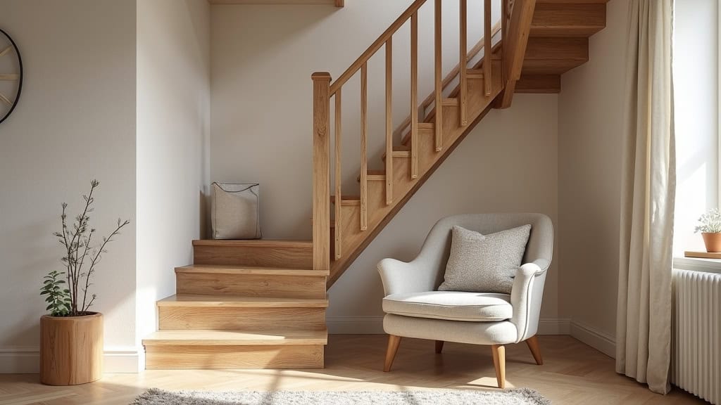 Monte-escalier tournant installé dans une maison typique des Deux-Sèvres, avec escalier en bois et mur en plâtre, siège en tissu confortable