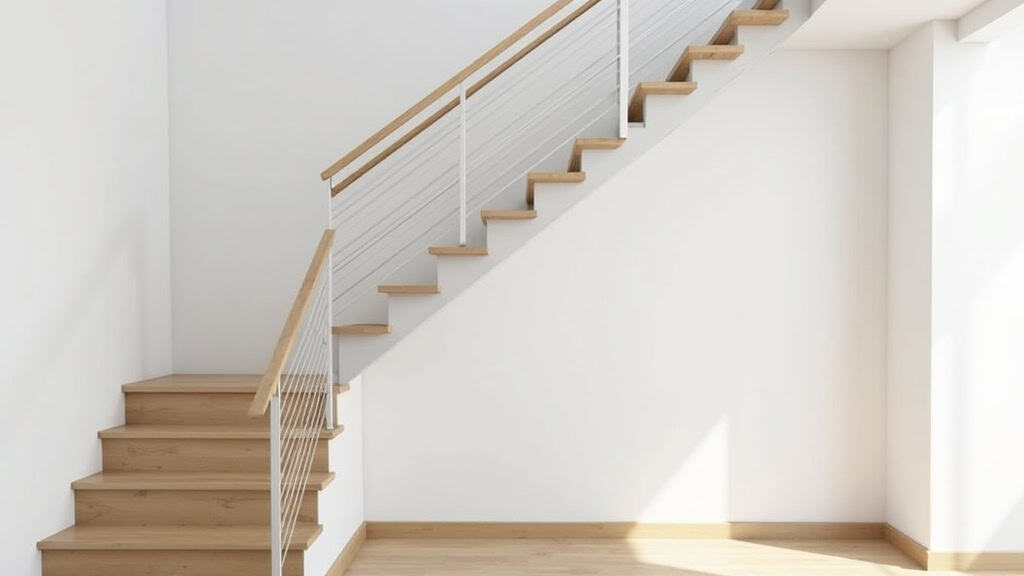 Monte-escalier tournant installé dans une maison à Médan, avec un rail en aluminium blanc et un siège gris, intégré dans un escalier en bois clair et un mur blanc
