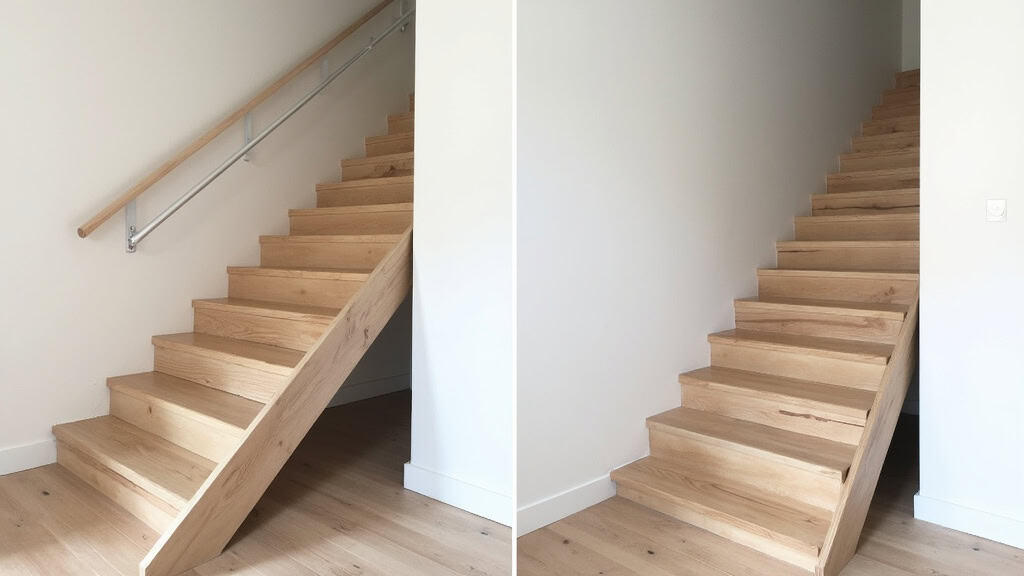 Comparaison avant-après : escalier traditionnel sans rampe versus escalier avec monte-escalier tournant installé dans une maison de Meilhan-sur-Garonne