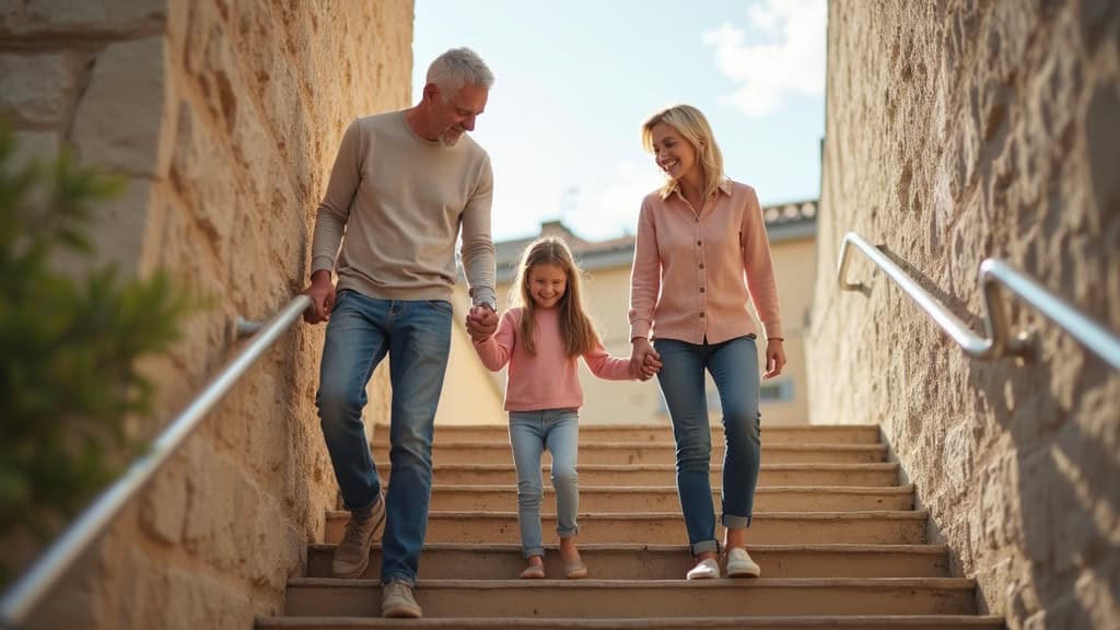 Famille heureuse sur un escalier avec monte-escalier à Meilhan-sur-Garonne : grand-parents, enfants et petits-enfants en train de monter ensemble, souriants