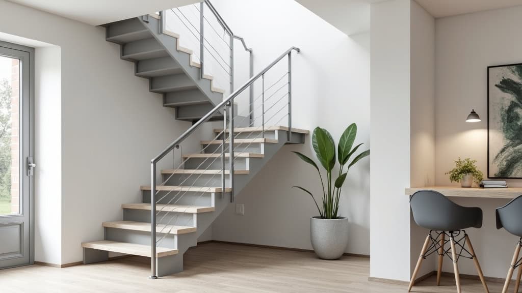 Monte-escalier courbe en aluminium installé sur un escalier en colimaçon dans une maison traditionnelle à Mérignies, avec siège gris et rail discret