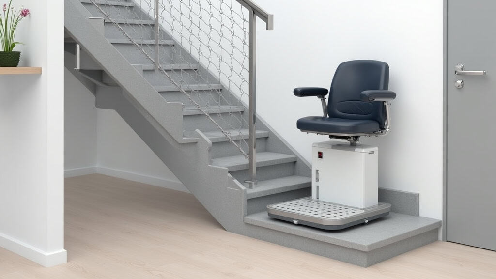 Monte-escalier plateforme adapté pour fauteuil roulant installé sur un escalier en béton à Mérignies, avec rampe sécurisée et commandes ergonomiques