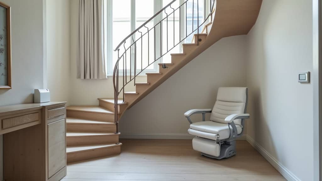 Fauteuil monte-escalier en fonctionnement dans un escalier tournant à Merxheim, avec une télécommande à portée de main