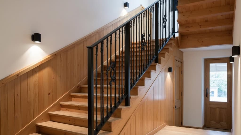 Monte-escalier tournant en aluminium noir intégré dans un escalier en bois de style traditionnel normand, avec murs clairs et luminaires doux