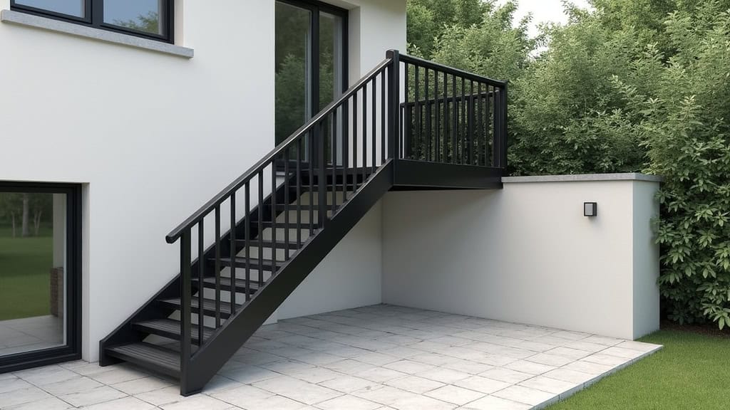 Siège monte-escalier extérieur en aluminium noir installé sur un petit escalier en béton menant à l