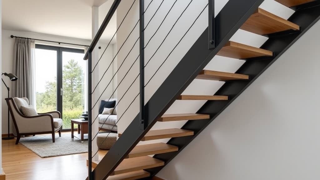 Monte-escalier courbe en aluminium noir installé dans un escalier en bois avec palier, dans une maison de Mésanger