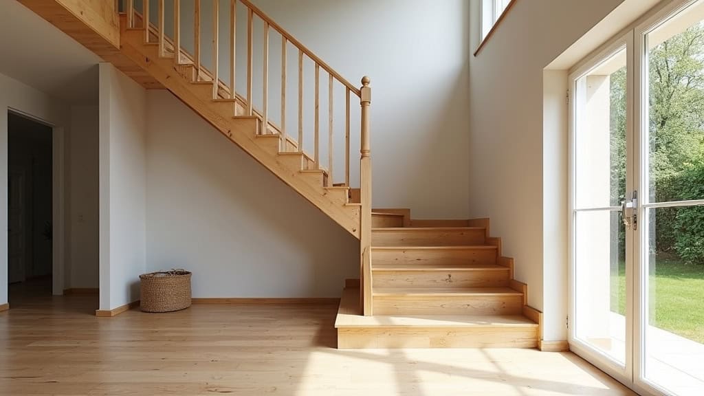 Siège monte-escalier en bois clair dans une salle de séjour de maison traditionnelle à Mesnil-en-Ouche, avec vue sur le jardin