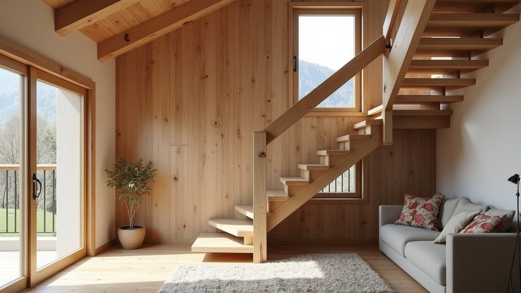 Monte-escalier à siège installé sur un escalier en bois dans une maison traditionnelle de Metzeral, avec une vue d