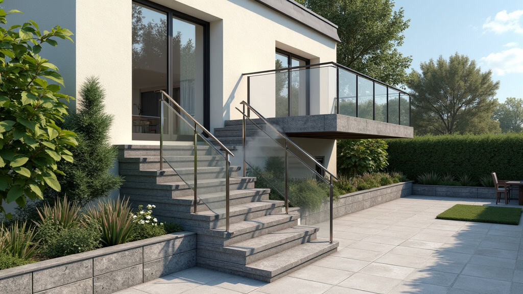 Monte-escalier extérieur en aluminium, installé sur un escalier de pierre en extérieur, à l