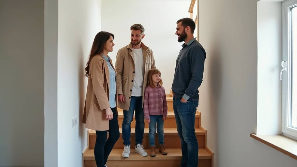Famille discutant avec un technicien après installation d’un monte escalier