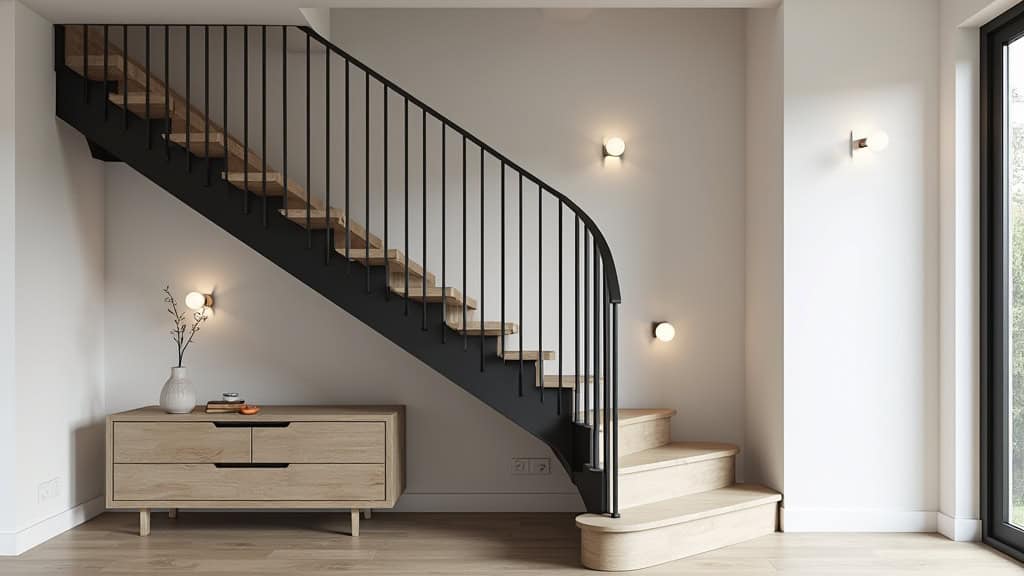 Monte-escalier courbe sur mesure avec virage en L, installé dans une maison de caractère à Monnetier-Mornex, rail noir et siège beige, intégré parfaitement à l’architecture