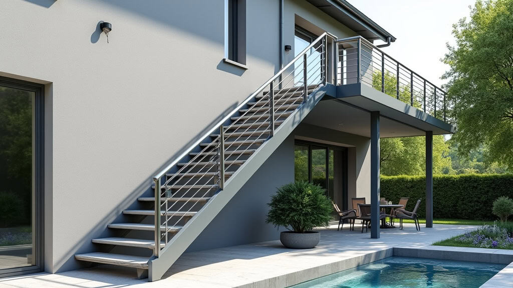 Monte-escalier extérieur en aluminium et acier inoxydable, installé sur une terrasse à Monnetier-Mornex, avec protection contre la pluie et le gel
