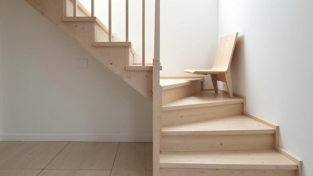 Monte-escalier en siège installé sur un escalier tournant dans une maison traditionnelle de Montargis, avec rail discret et siège replié à droite