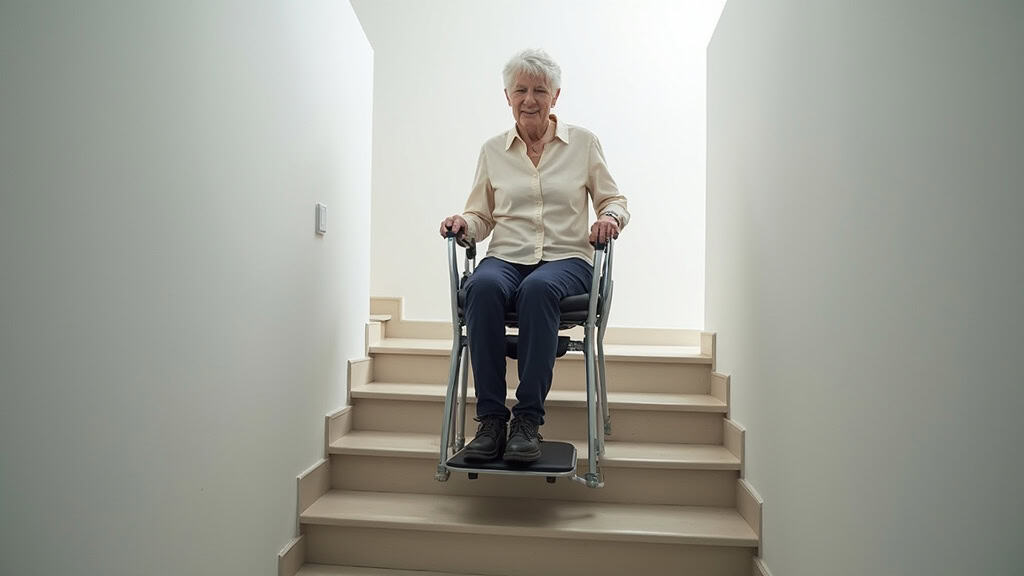Personne âgée utilisant un monte-escalier en siège pour monter les escaliers d
