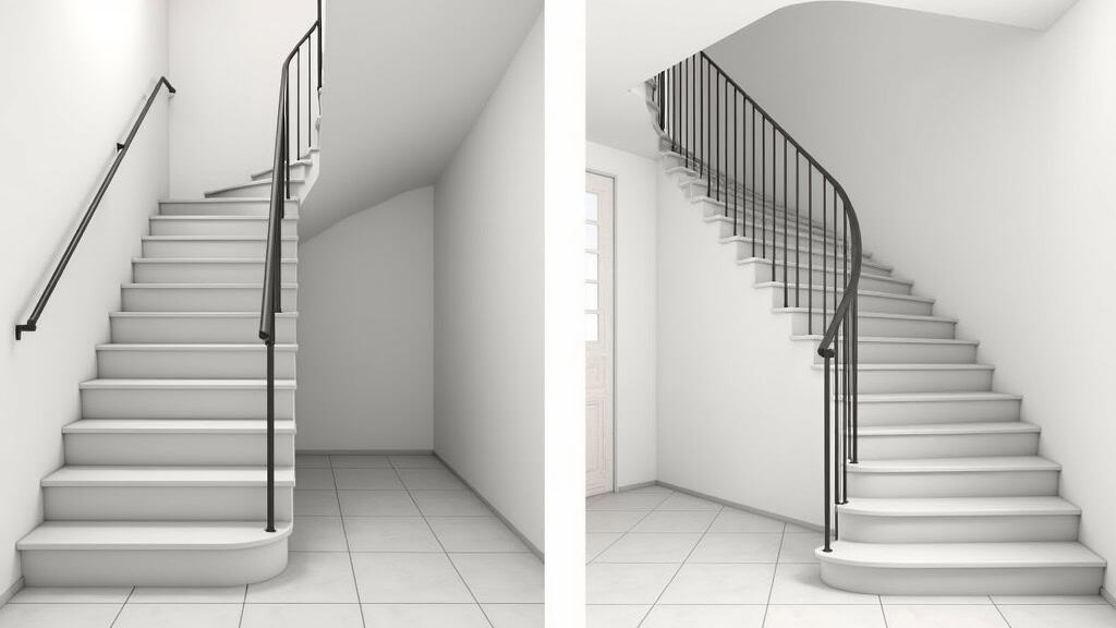 Comparaison avant-après : escalier vide avec barre de sécurité au sol à gauche, escalier équipé d
