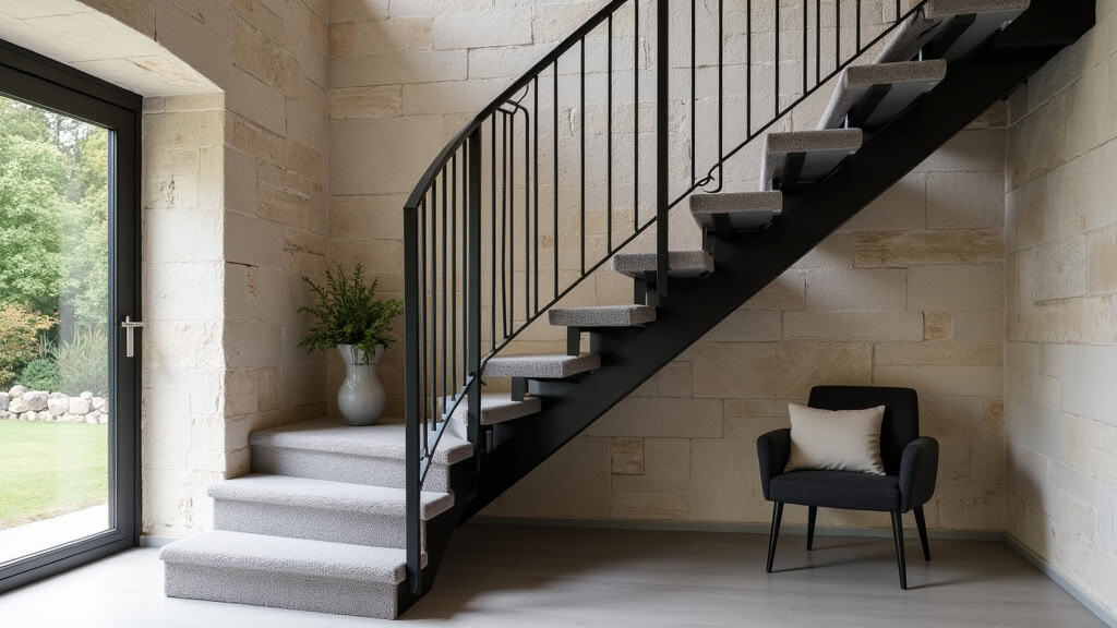 Monte-escalier tournant installé sur un escalier en colimaçon dans une maison en pierre à Montbizot, avec rail noir et siège en tissu gris