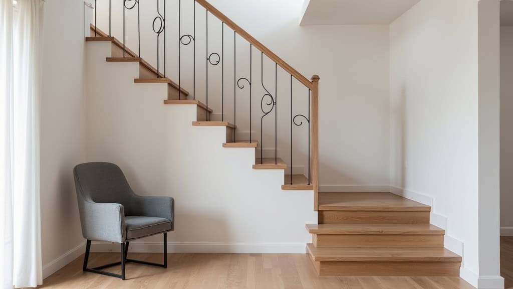 Monte-escalier droit installé dans une maison traditionnelle à Montcuq-en-Quercy-Blanc, avec un siège gris harmonieux sur un escalier en bois