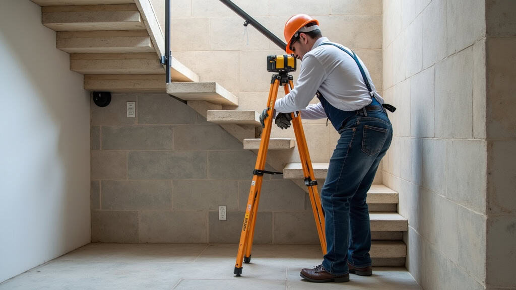 Technicien professionnel en train de mesurer et de vérifier un escalier en pierre à Montcuq-en-Quercy-Blanc, avec un équipement de précision