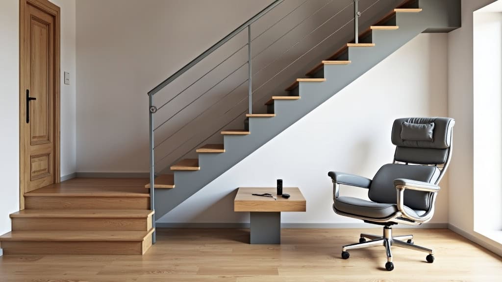 Monte-escalier droit en aluminium gris clair sur un escalier en bois massif dans une maison traditionnelle de Montech, avec un siège plié et une télécommande posée sur une table côté bas