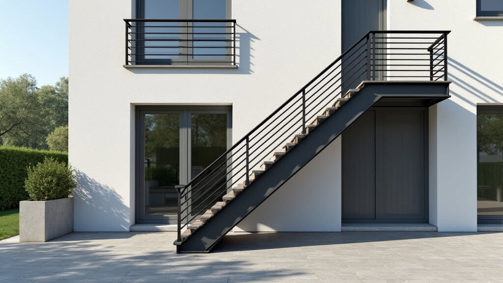 Monte-escalier extérieur en aluminium noir avec siège pliant, installé sur les marches d
