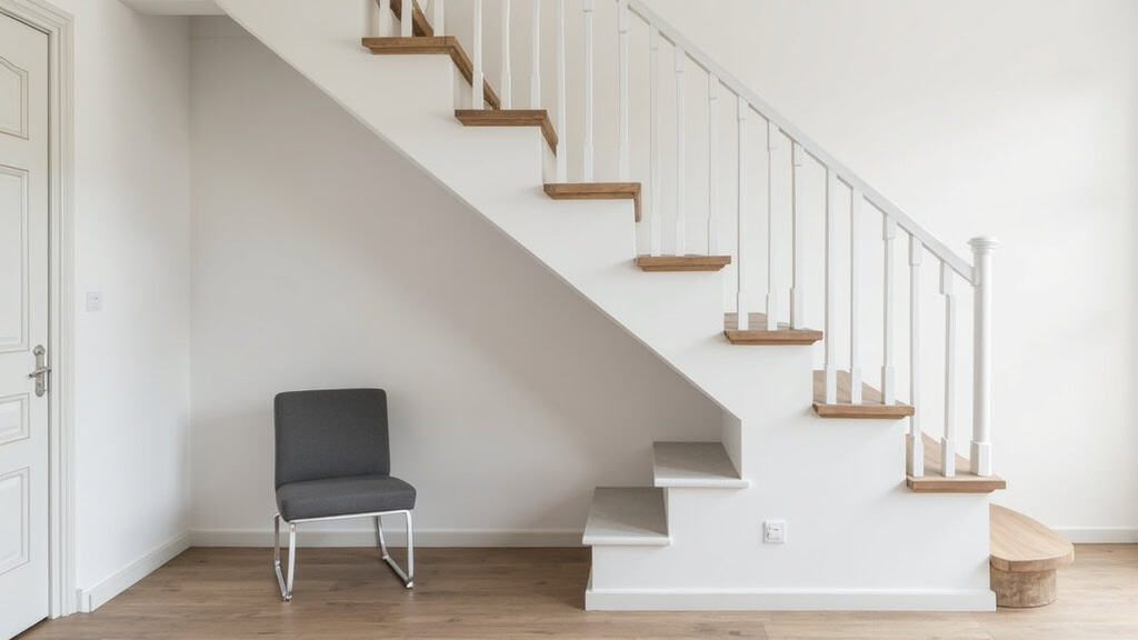 Monte-escalier droit installé dans une maison typique de Montesquieu-Lauragais, avec un rail blanc et un siège gris, intégré discrètement à l