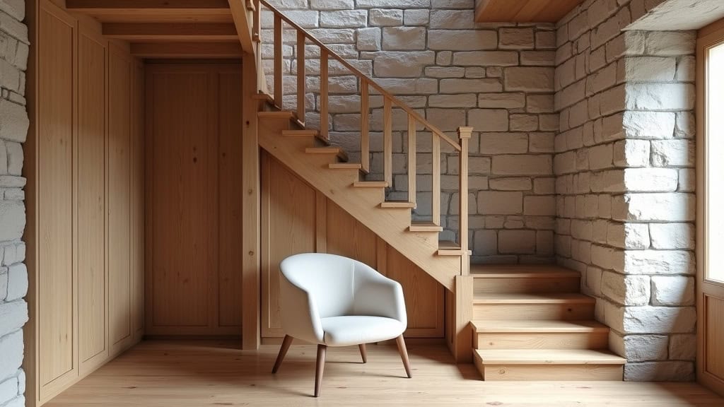Fauteuil monte-escalier en bois clair intégré dans un intérieur traditionnel de Montesquieu-Volvestre, avec murs en pierre et parquet
