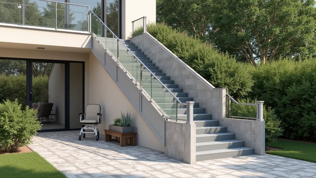Monte-escalier extérieur en aluminium installé sur un escalier de jardin en pierre à Montesquieu-Volvestre, avec un fauteuil roulant en cours de transport
