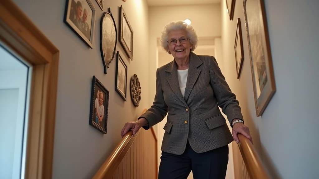 Mme Roux, 82 ans, à Montfrin, utilisant son monte-escalier droit pour descendre les marches de sa maison, avec un sourire, entourée de photos de famille sur la rampe
