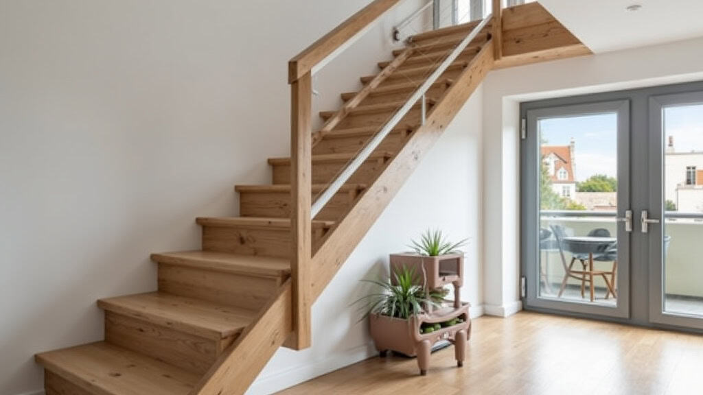Monte-escalier tournant installé sur un escalier en bois avec virage, dans une maison de Montigny-lès-Cormeilles, siège gris clair, rail discret et moderne