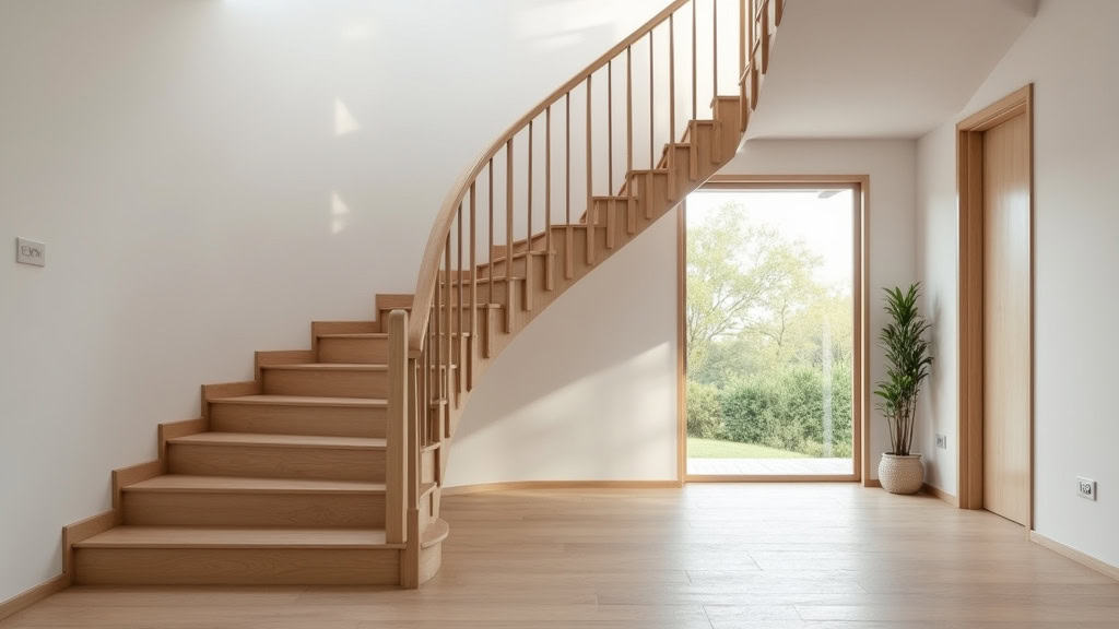 Monte-escalier courbe en bois clair installé dans un hall d