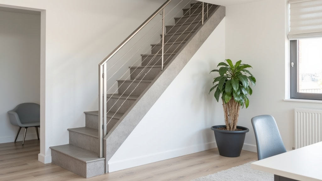 Monte-escalier droit installé dans une maison typique de Montpezat, avec un siège gris et un rail en aluminium fin