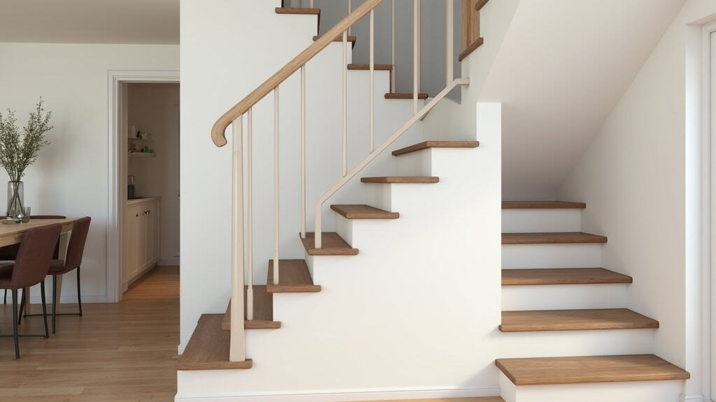 Monte-escalier courbe installé sur un escalier en L dans une maison de Montpezat, avec un siège beige et un rail fin intégré