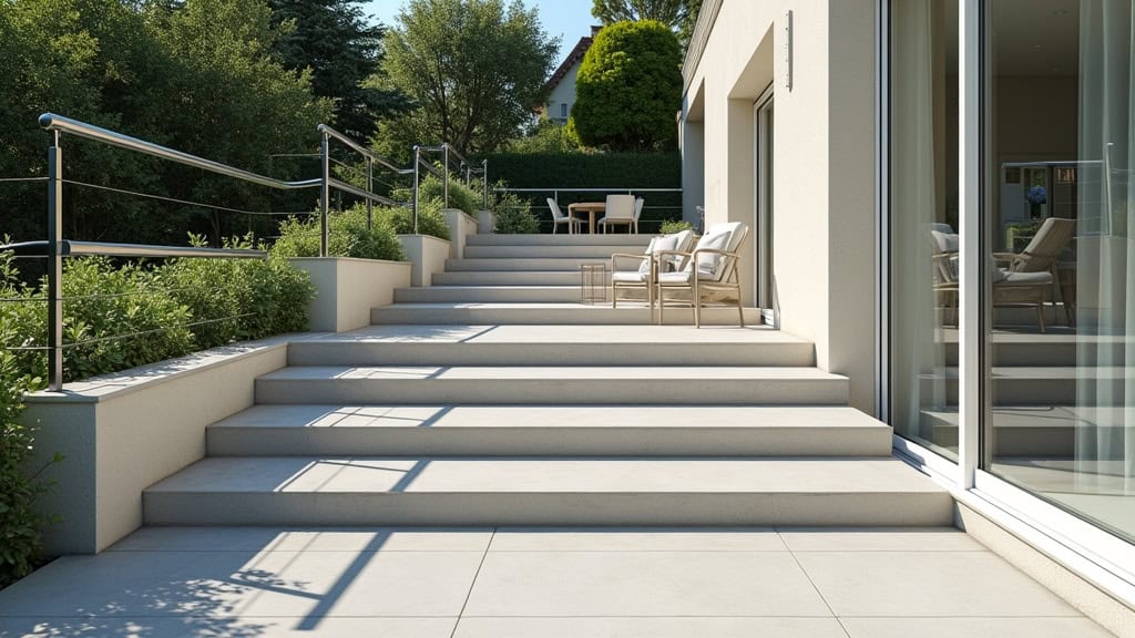 Monte-escalier extérieur installé sur une terrasse à Montpezat, avec un siège blanc et un rail étanche pour accéder au jardin