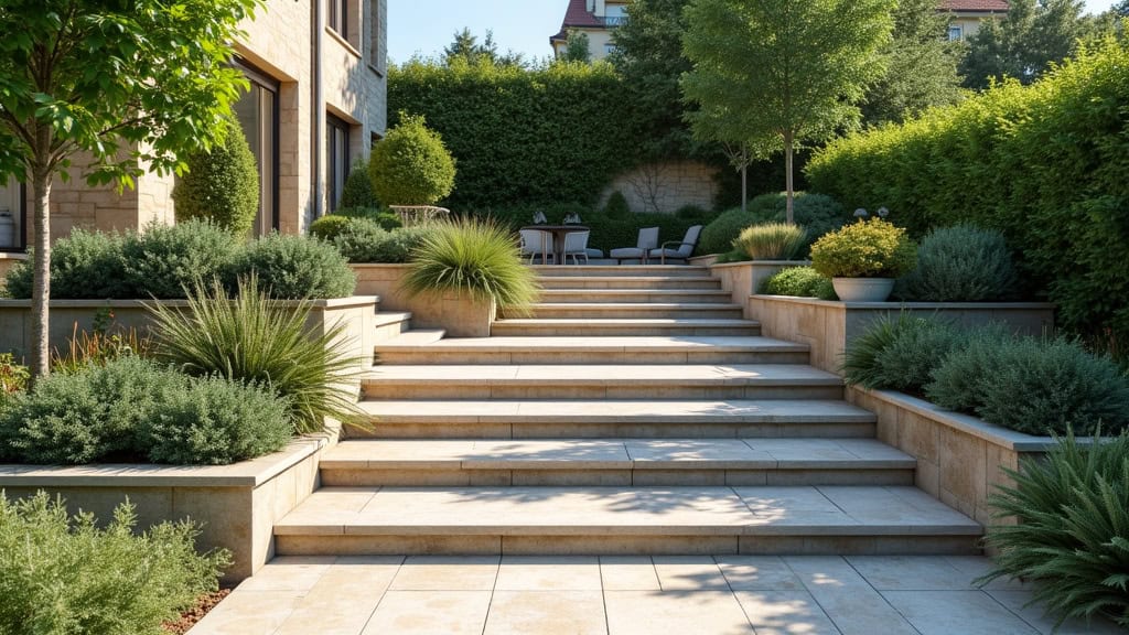 Monte-escalier extérieur installé sur un escalier en pierre menant au jardin d