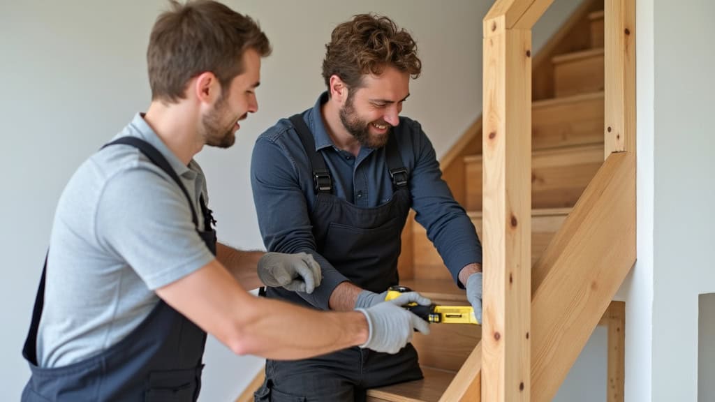 Technicien professionnel installant un monte-escalier à siège sur un escalier en bois à Montsinéry-Tonnegrande, avec outils et mesures précises