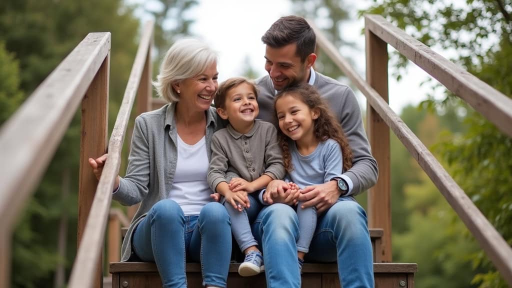 Famille heureuse avec une personne âgée utilisant un monte-escalier à siège à Montsinéry-Tonnegrande, souriante et entourée de ses petits-enfants