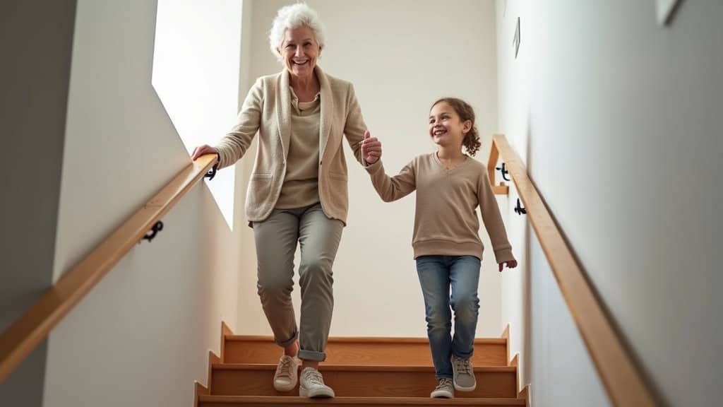 Personne âgée utilisant un monte-escalier à Moosch, souriante, accompagnée de son petit-enfant qui l