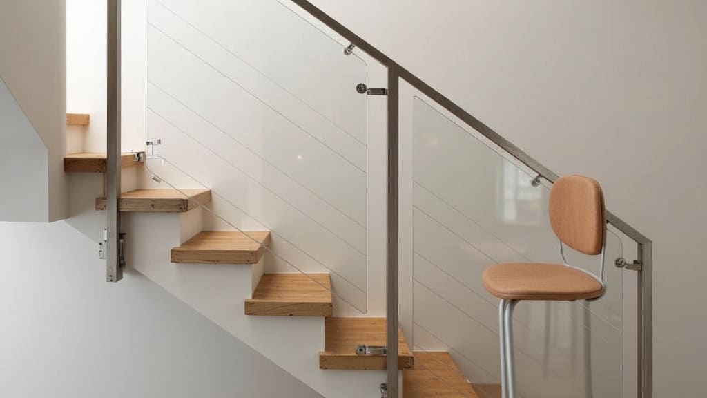 Monte-escalier droit installé dans un escalier en bois à Morgny-la-Pommeraye, avec un siège en tissu beige et un rail fin en aluminium, intégré discrètement dans une maison traditionnelle normande