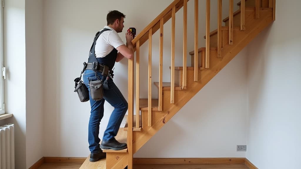 Installation d’un monte-escalier droit sur un escalier en bois dans une maison traditionnelle de Mornas, avec technicien en train de tester le dispositif